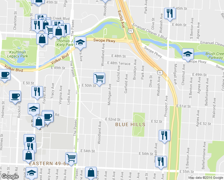 map of restaurants, bars, coffee shops, grocery stores, and more near 5009 Michigan Avenue in Kansas City