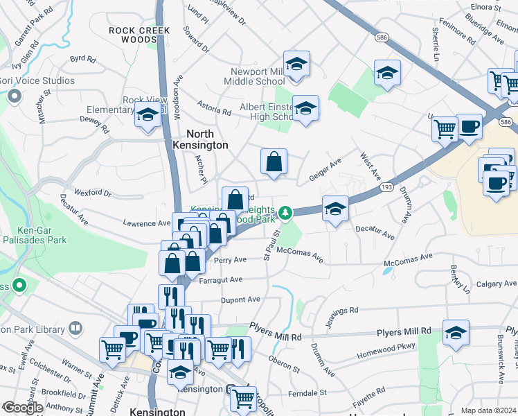 map of restaurants, bars, coffee shops, grocery stores, and more near 3409 University Boulevard West in Kensington