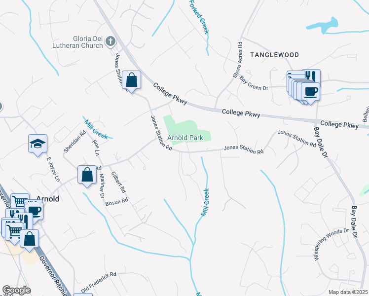map of restaurants, bars, coffee shops, grocery stores, and more near 1321 Jones Station Road in Arnold