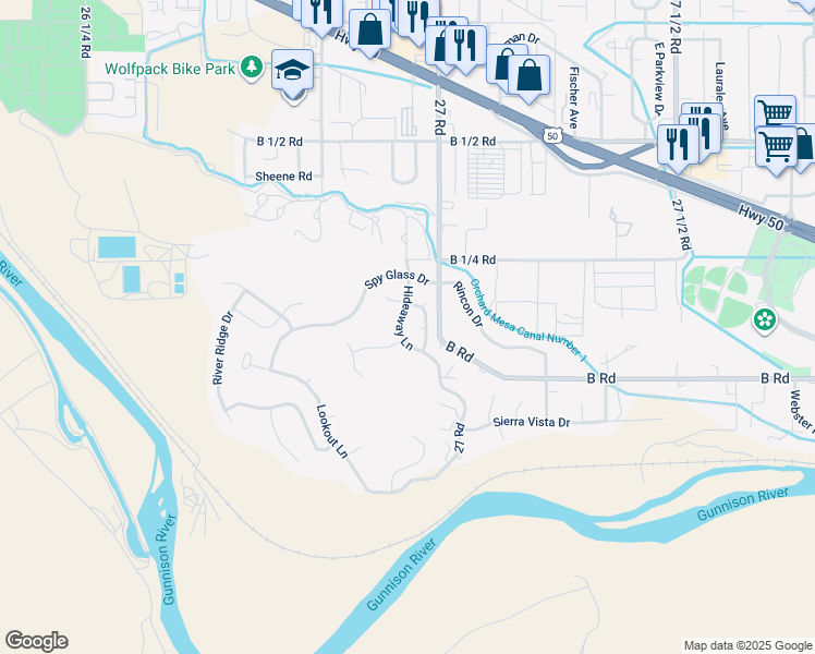 map of restaurants, bars, coffee shops, grocery stores, and more near 218 Hideaway Lane in Grand Junction