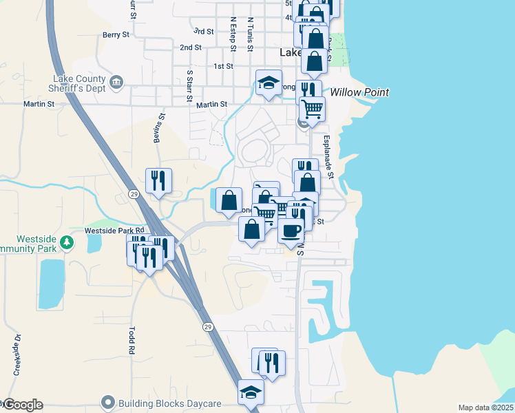 map of restaurants, bars, coffee shops, grocery stores, and more near 420 Konocti Avenue in Lakeport