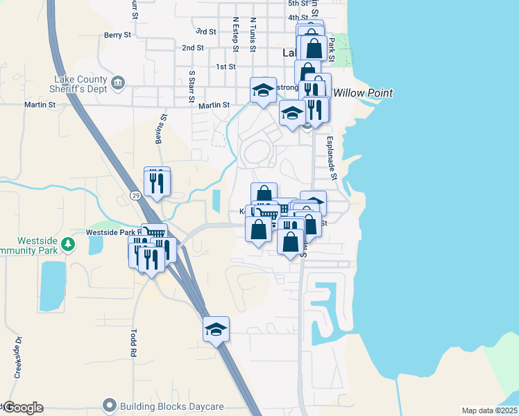 map of restaurants, bars, coffee shops, grocery stores, and more near 420 Konocti Avenue in Lakeport