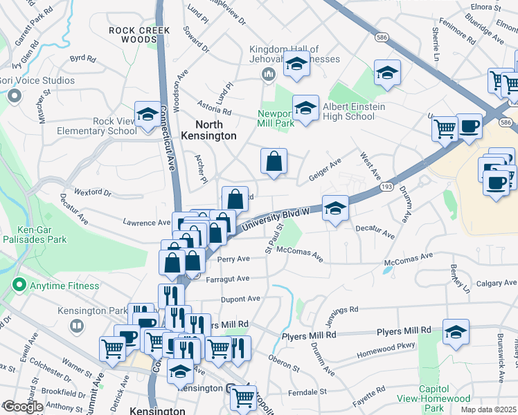map of restaurants, bars, coffee shops, grocery stores, and more near 3423 Nimitz Road in Kensington