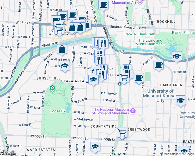 map of restaurants, bars, coffee shops, grocery stores, and more near 5018 Baltimore Avenue in Kansas City