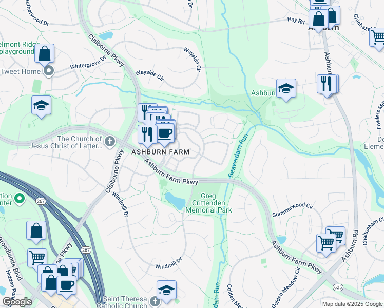map of restaurants, bars, coffee shops, grocery stores, and more near 20979 Timber Ridge Terrace in Ashburn
