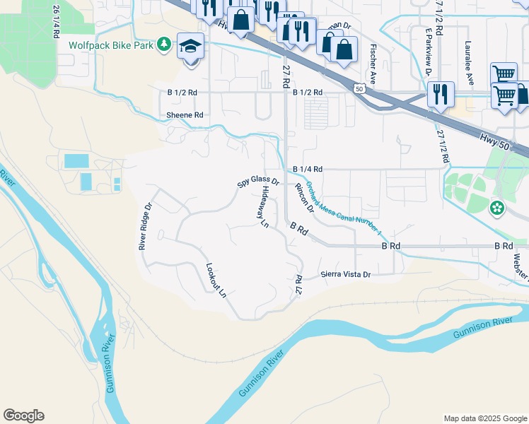 map of restaurants, bars, coffee shops, grocery stores, and more near 218 Hideaway Lane in Grand Junction