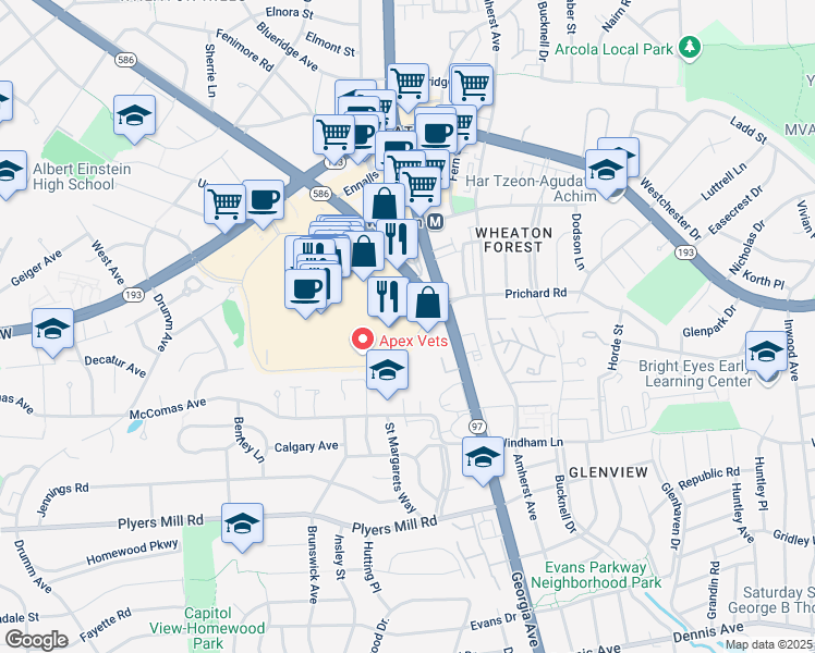 map of restaurants, bars, coffee shops, grocery stores, and more near 11006 Veirs Mill Road in Silver Spring
