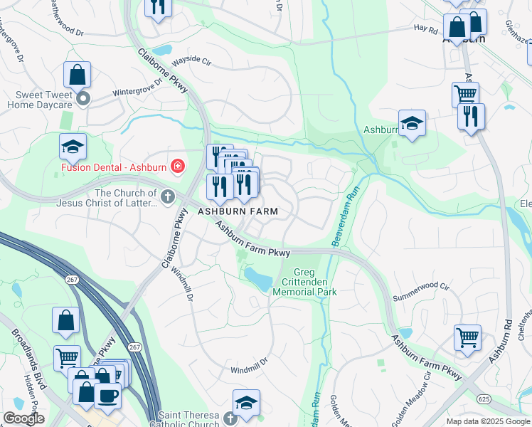 map of restaurants, bars, coffee shops, grocery stores, and more near 21031 Timber Ridge Terrace in Ashburn