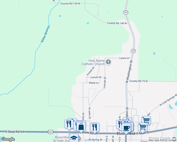 map of restaurants, bars, coffee shops, grocery stores, and more near 635 Forest Drive in Bloomfield