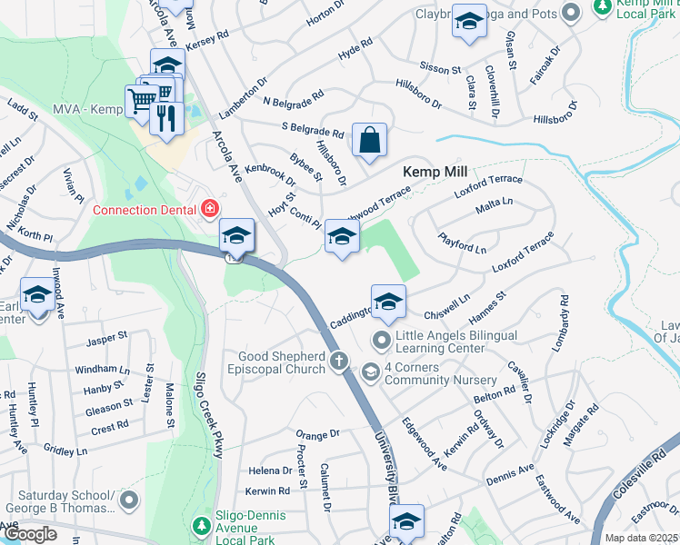 map of restaurants, bars, coffee shops, grocery stores, and more near 919 University Boulevard West in Silver Spring