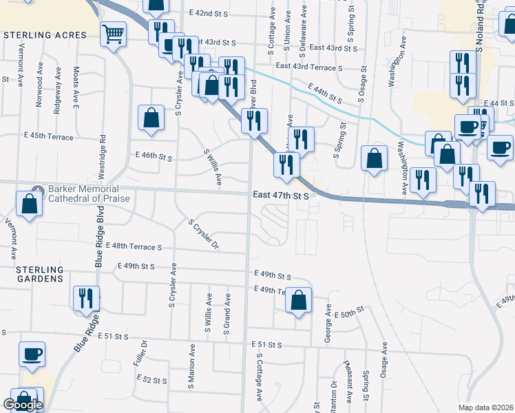 map of restaurants, bars, coffee shops, grocery stores, and more near 12800 East 47th Street South in Independence