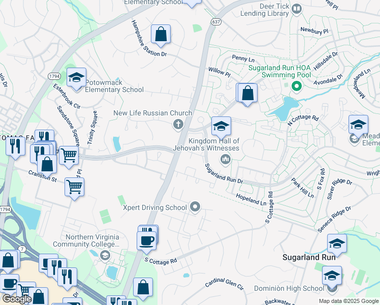 map of restaurants, bars, coffee shops, grocery stores, and more near 202 Sanderson Drive in Sterling