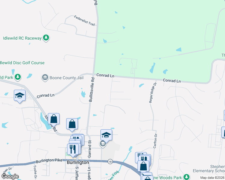 map of restaurants, bars, coffee shops, grocery stores, and more near 2619 Myrtle Lane in Burlington