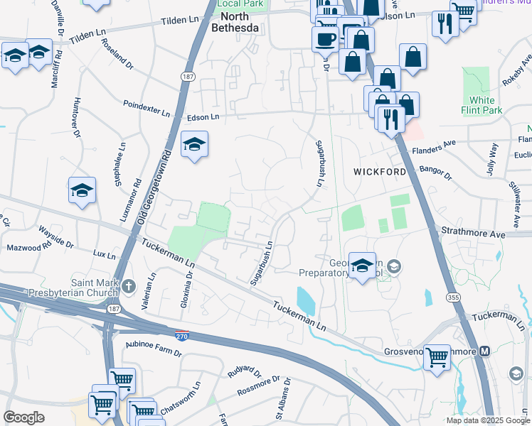 map of restaurants, bars, coffee shops, grocery stores, and more near 10901 Bloomingdale Drive in North Bethesda