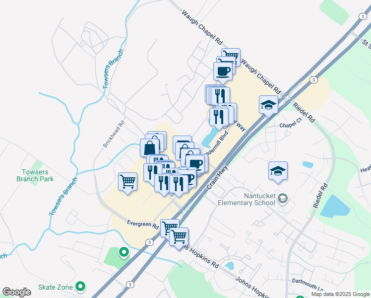 map of restaurants, bars, coffee shops, grocery stores, and more near 1330 Chapel Centre Drive in Gambrills