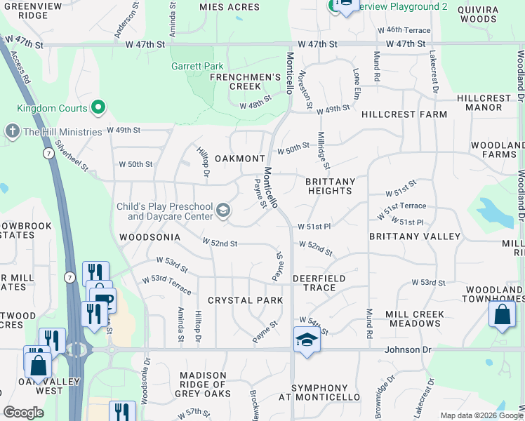 map of restaurants, bars, coffee shops, grocery stores, and more near 22016 West 51st Court in Shawnee