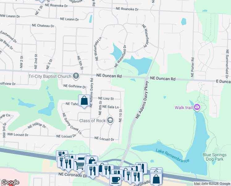 map of restaurants, bars, coffee shops, grocery stores, and more near 909 Northeast Wien Avenue in Blue Springs