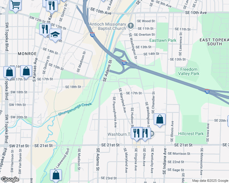 map of restaurants, bars, coffee shops, grocery stores, and more near 806 Southeast 17th Street in Topeka