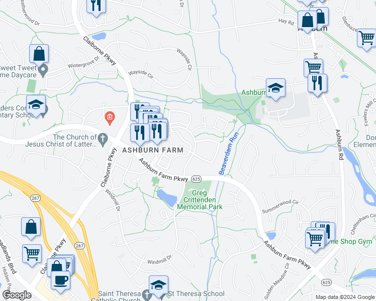 map of restaurants, bars, coffee shops, grocery stores, and more near 20985 Timber Ridge Terrace in Ashburn