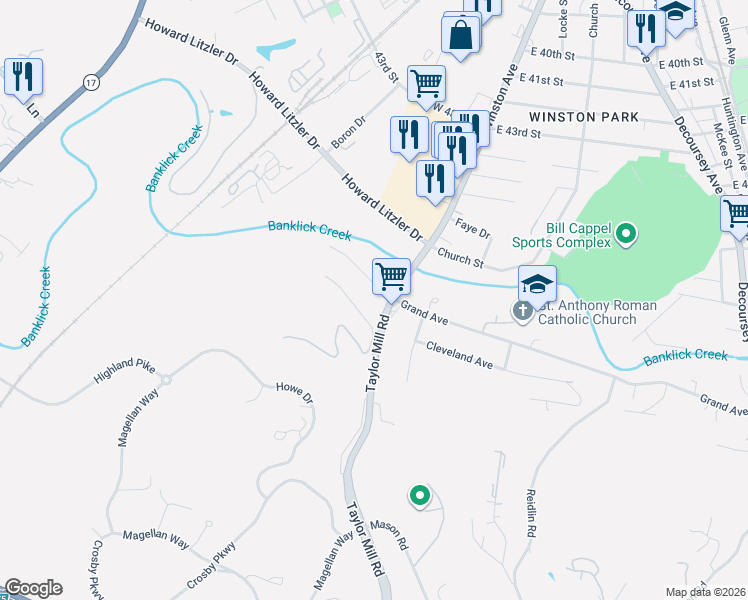 map of restaurants, bars, coffee shops, grocery stores, and more near 709 West Grand Avenue in Taylor Mill