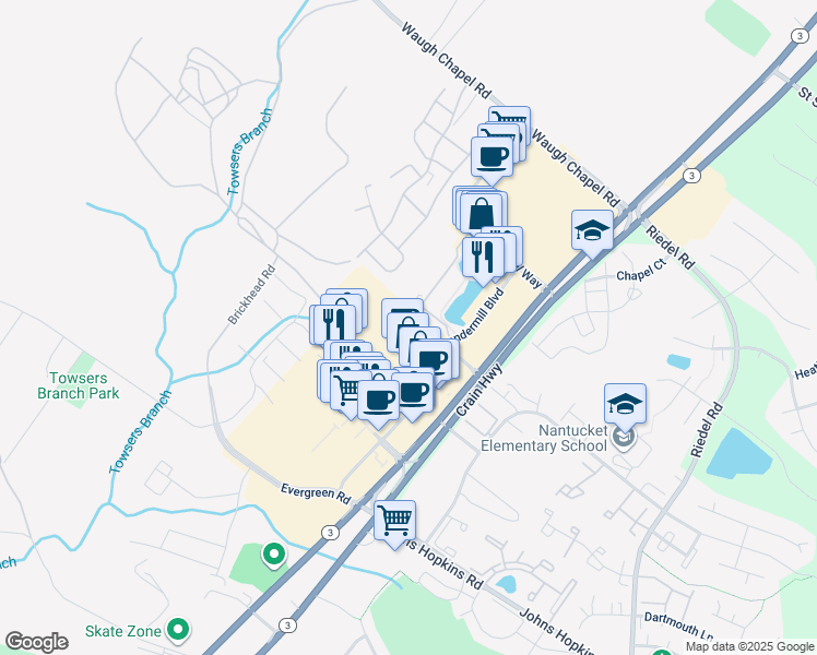 map of restaurants, bars, coffee shops, grocery stores, and more near 1330 Chapel Centre Drive in Gambrills