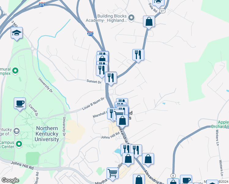 map of restaurants, bars, coffee shops, grocery stores, and more near 60 Hidden Valley Drive in Highland Heights
