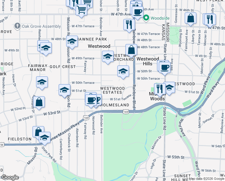 map of restaurants, bars, coffee shops, grocery stores, and more near 2502 West 51st Street in Westwood