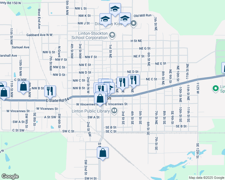 map of restaurants, bars, coffee shops, grocery stores, and more near 109 Southeast B Street in Linton