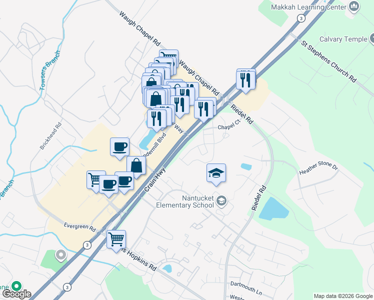 map of restaurants, bars, coffee shops, grocery stores, and more near 1140 Carbondale Way in Gambrills