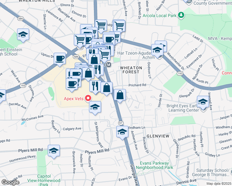 map of restaurants, bars, coffee shops, grocery stores, and more near 10915 Georgia Avenue in Wheaton-Glenmont