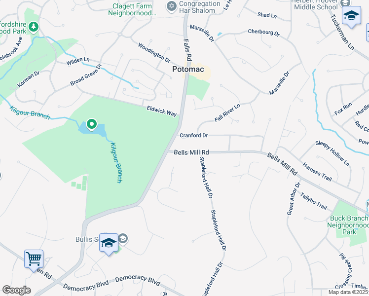 map of restaurants, bars, coffee shops, grocery stores, and more near 9309 Bells Mill Road in Potomac
