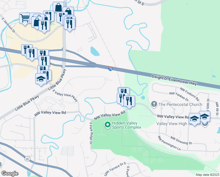 map of restaurants, bars, coffee shops, grocery stores, and more near Interstate 70 in Blue Springs
