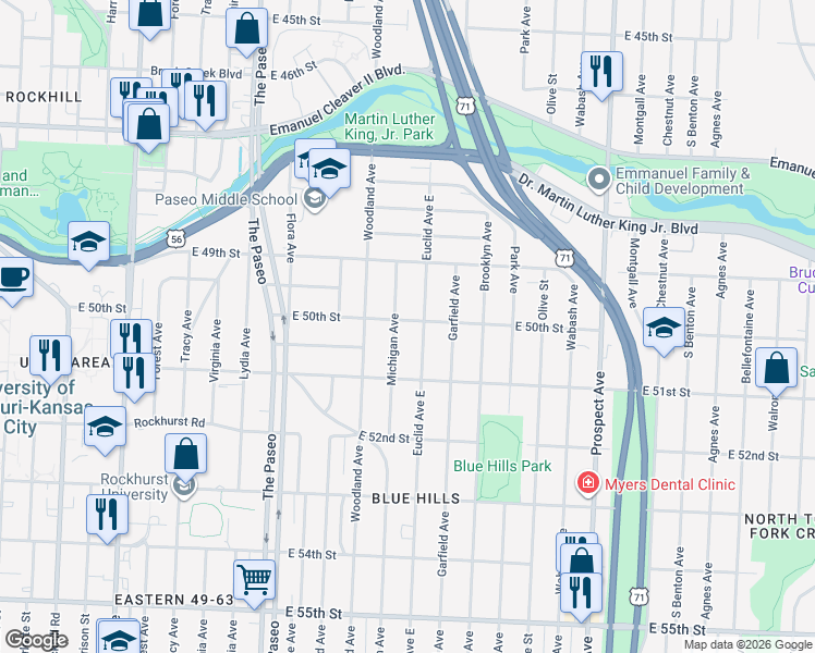 map of restaurants, bars, coffee shops, grocery stores, and more near 4946 Michigan Avenue in Kansas City