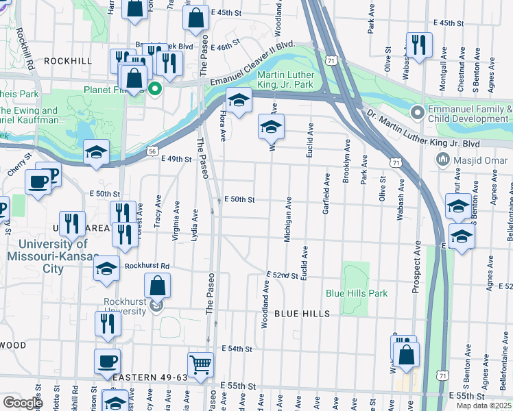 map of restaurants, bars, coffee shops, grocery stores, and more near 1702 East 50th Street in Kansas City