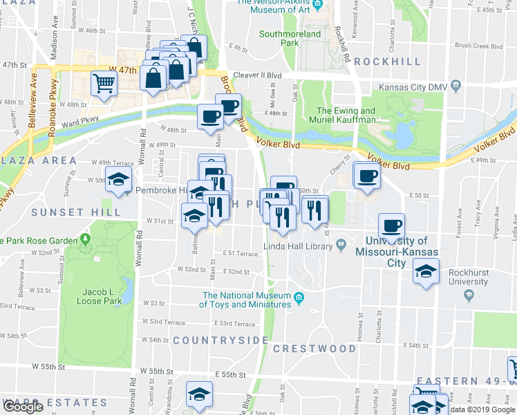 map of restaurants, bars, coffee shops, grocery stores, and more near 5050 Oak Street in Kansas City