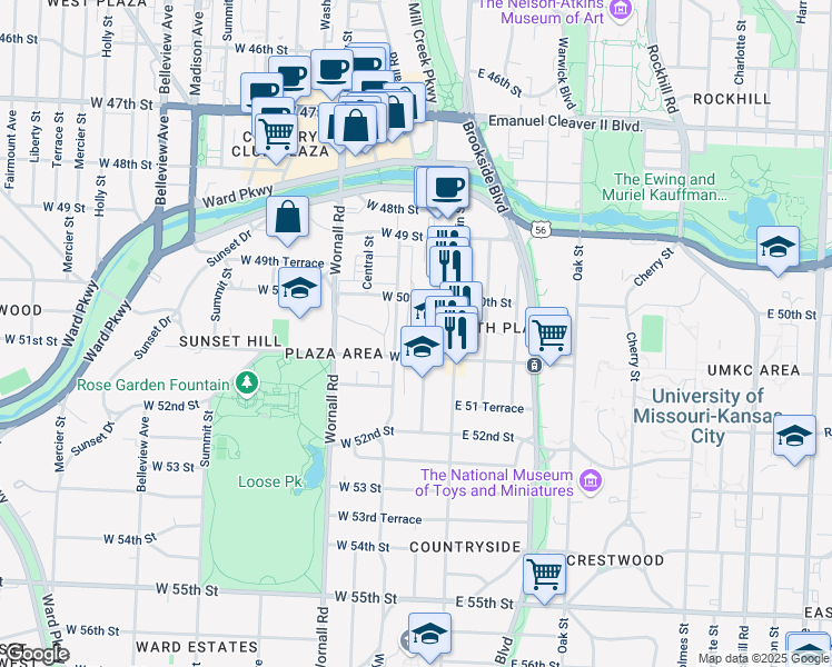 map of restaurants, bars, coffee shops, grocery stores, and more near 5018 Baltimore Avenue in Kansas City