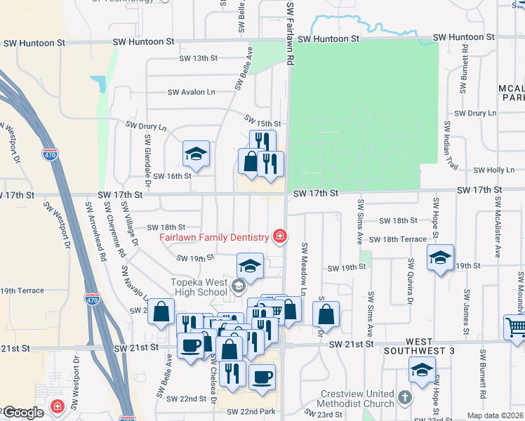 map of restaurants, bars, coffee shops, grocery stores, and more near 1713 Southwest Amhurst Road in Topeka