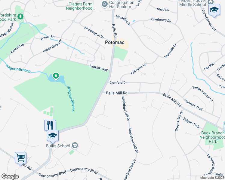 map of restaurants, bars, coffee shops, grocery stores, and more near 9309 Bells Mill Road in Potomac