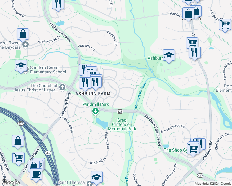 map of restaurants, bars, coffee shops, grocery stores, and more near 20979 Timber Ridge Terrace in Ashburn