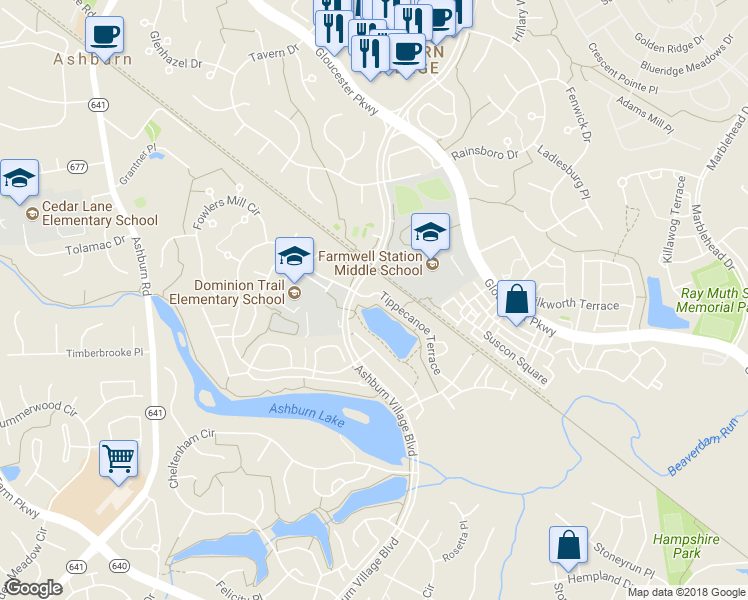 map of restaurants, bars, coffee shops, grocery stores, and more near 44077 Tippecanoe Terrace in Ashburn