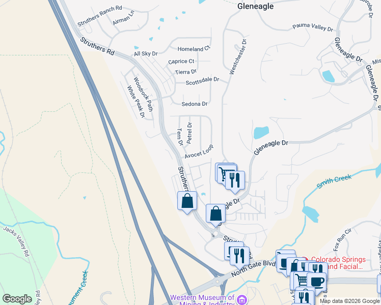 map of restaurants, bars, coffee shops, grocery stores, and more near 440 Avocet Loop in Colorado Springs