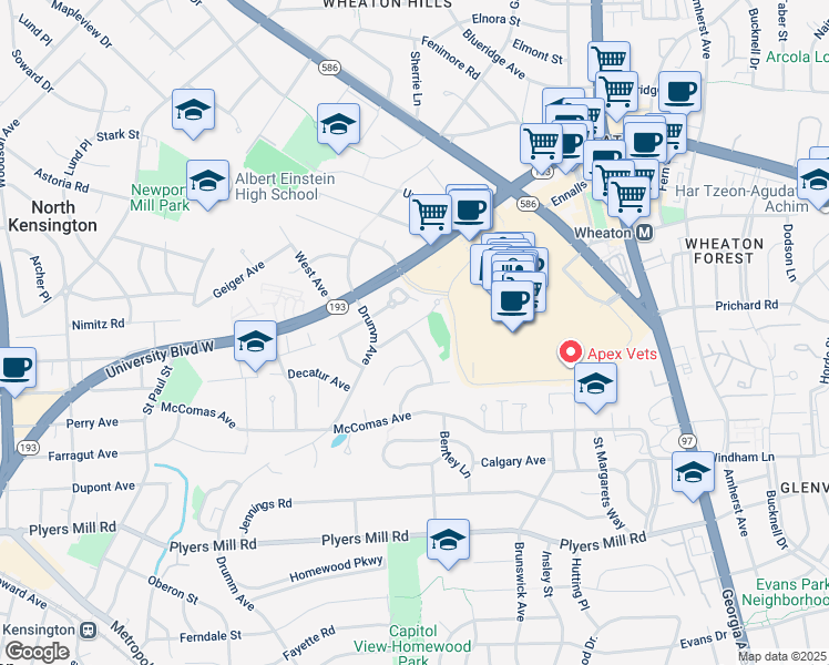map of restaurants, bars, coffee shops, grocery stores, and more near 11921 Coronada Place in Kensington