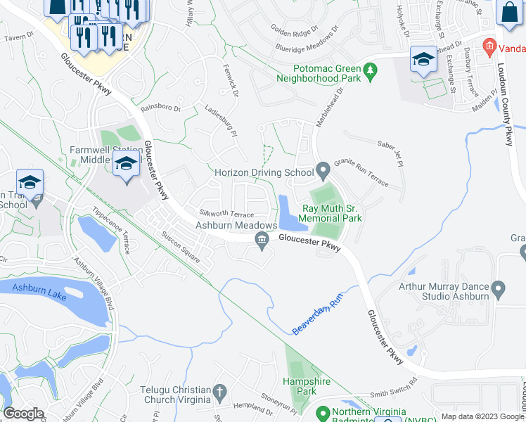 map of restaurants, bars, coffee shops, grocery stores, and more near 44342 Silkworth Terrace in Ashburn