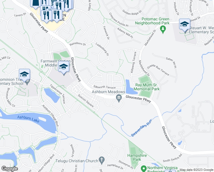 map of restaurants, bars, coffee shops, grocery stores, and more near 20951 Glenburn Terrace in Ashburn