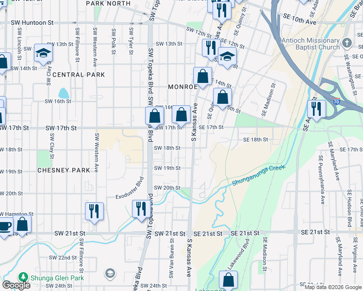 map of restaurants, bars, coffee shops, grocery stores, and more near 1721 Southwest Van Buren Street in Topeka