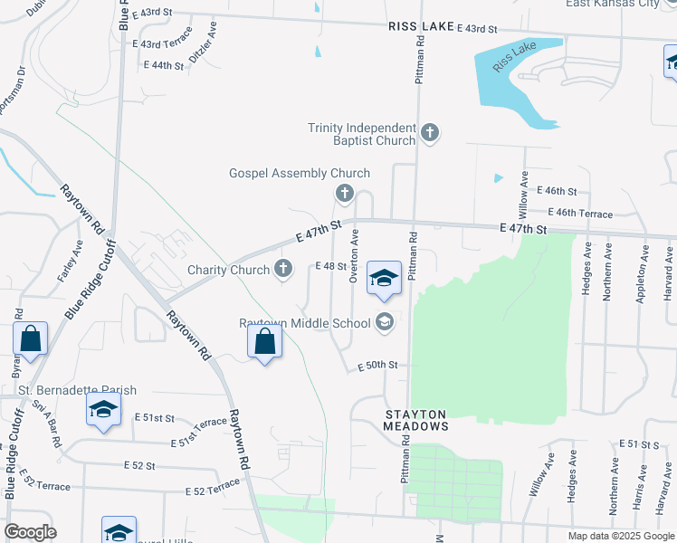 map of restaurants, bars, coffee shops, grocery stores, and more near 4801 Evanston Avenue in Kansas City
