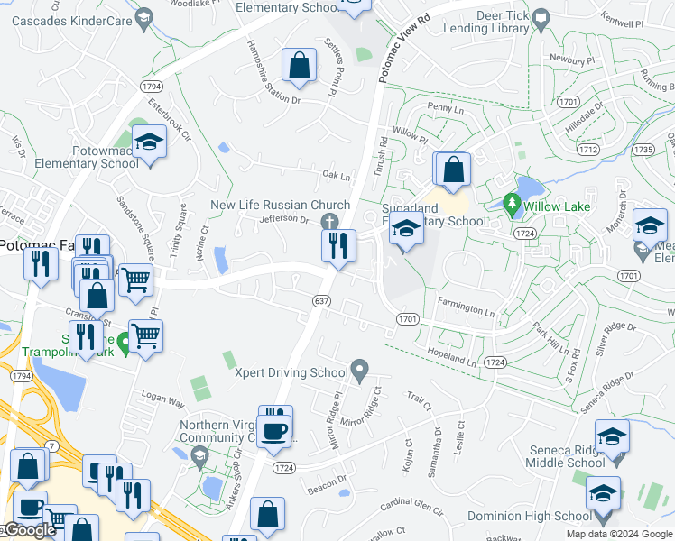 map of restaurants, bars, coffee shops, grocery stores, and more near 1102 Sanderson Drive in Sterling