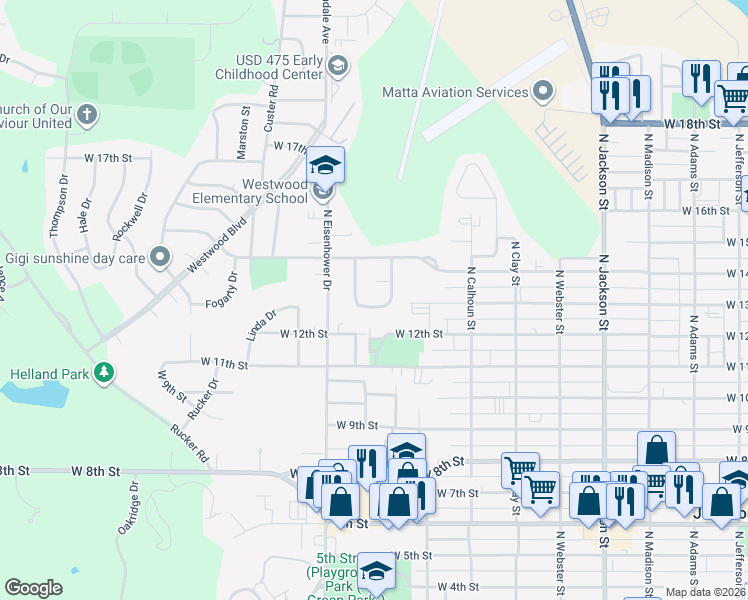 map of restaurants, bars, coffee shops, grocery stores, and more near 1360 Parkside Drive in Junction City