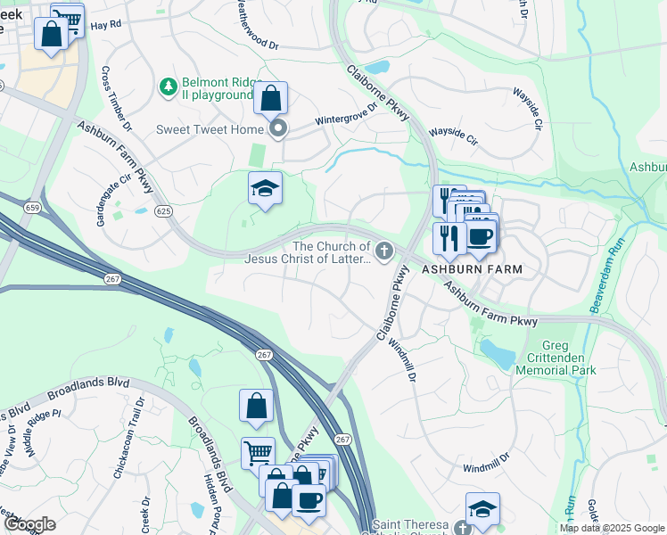 map of restaurants, bars, coffee shops, grocery stores, and more near 20996 Matchlock Court in Ashburn