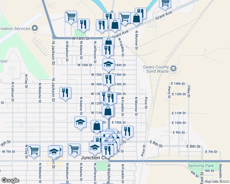 map of restaurants, bars, coffee shops, grocery stores, and more near 118 East 13th Street in Junction City